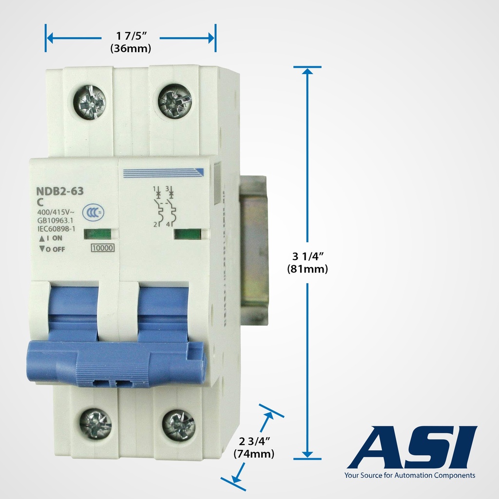 6 Amp, 2 Pole, 480V AC, 125V DC, Trip Curve: C, DIN Rail